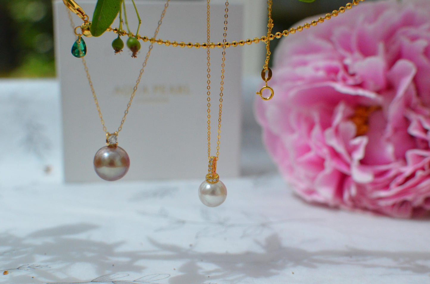 18K Gold Champagne Pink Pearl Pendant with Diamond Accent