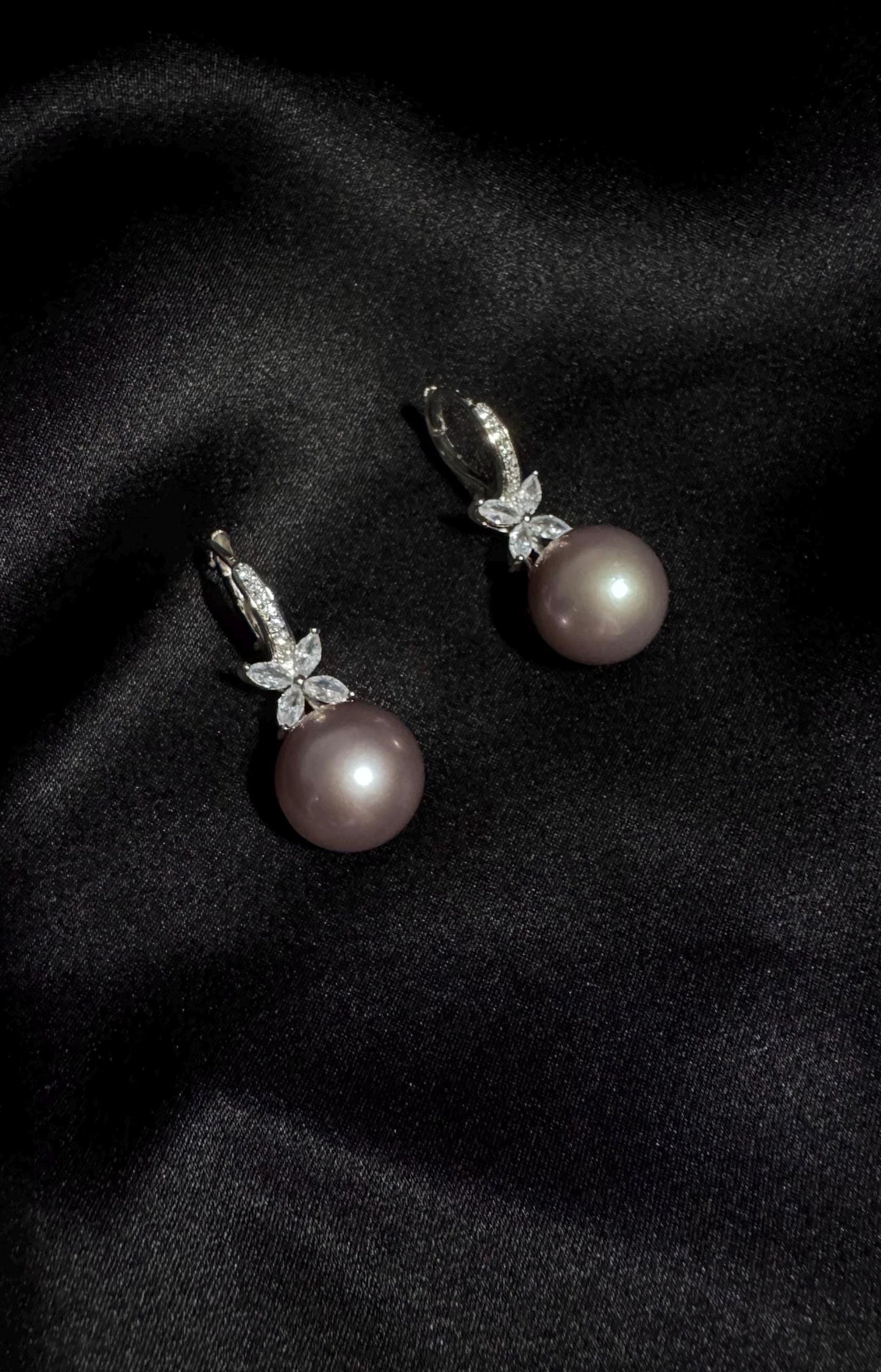 Lavender Pearl Drop Earrings Sterling Silver & CZ Floral Design