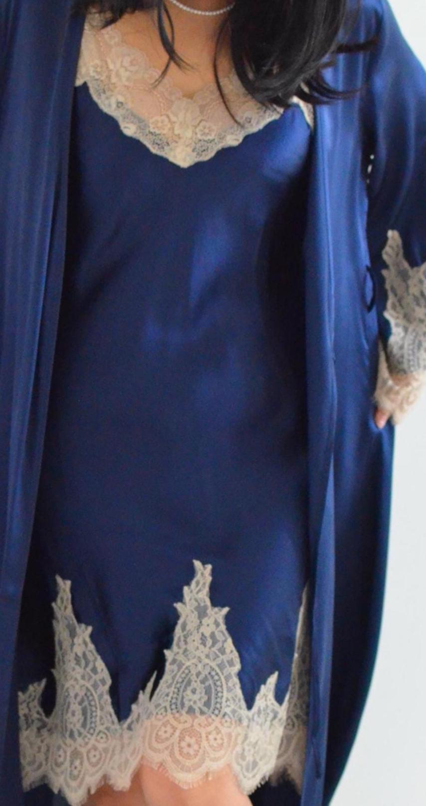2Pcs Set – Lace Silk Cami Dress & Robe | 6A Grade Mulberry Silk, Royal blue robe with champgnane Sleeves, Lace trim V neck cami dress