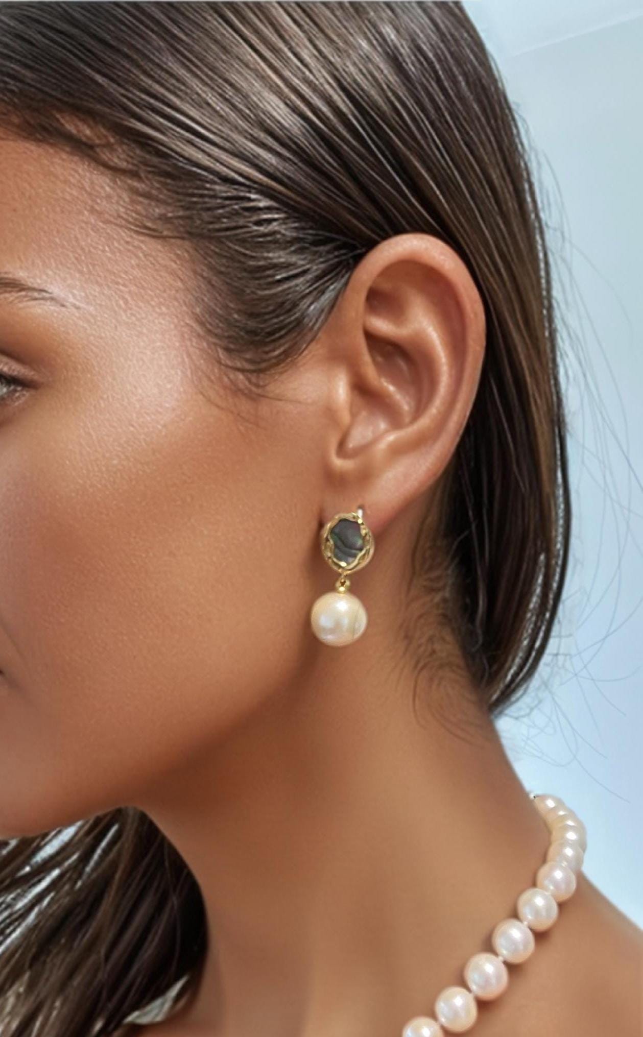Custom made Oval shaped colourful Mother-of-Pearl Abalone shell & White Freshwater Pearl Drop Earrings.