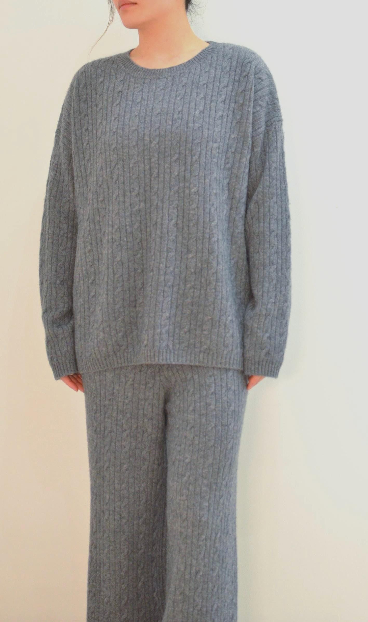 Cashmere Wool Blend Cable Knit Sweater Set: Adjustable Trousers Wide leg trouser