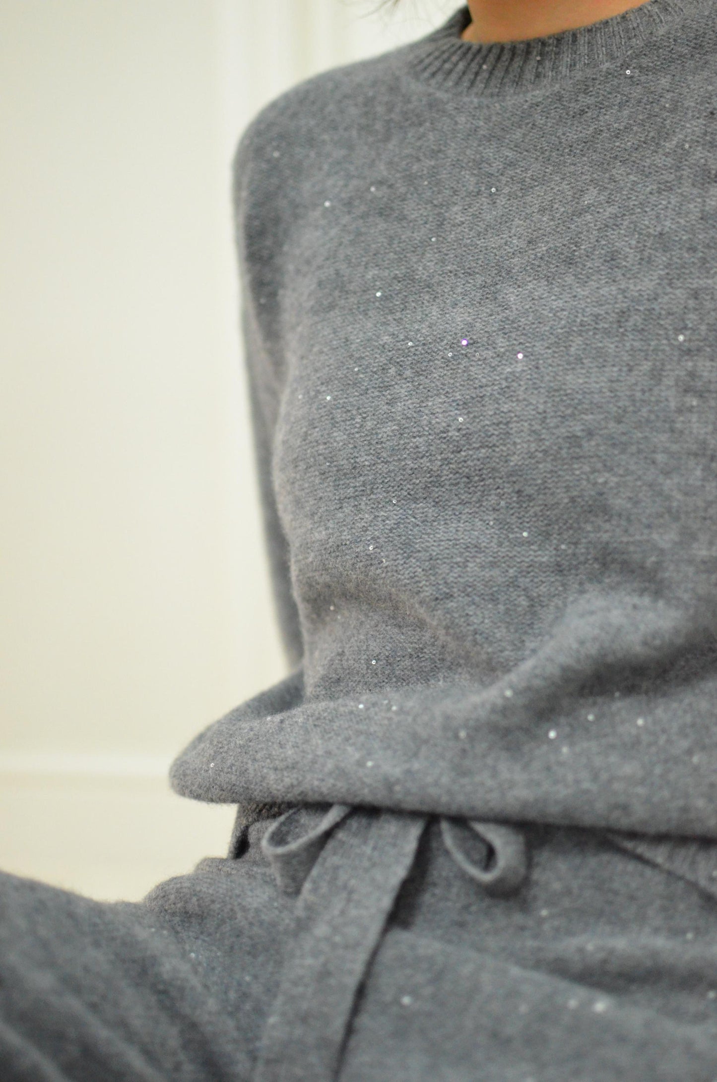 Cashmere Wool Blend Sweater Set: Sparkling Beads, Adjustable Trousers