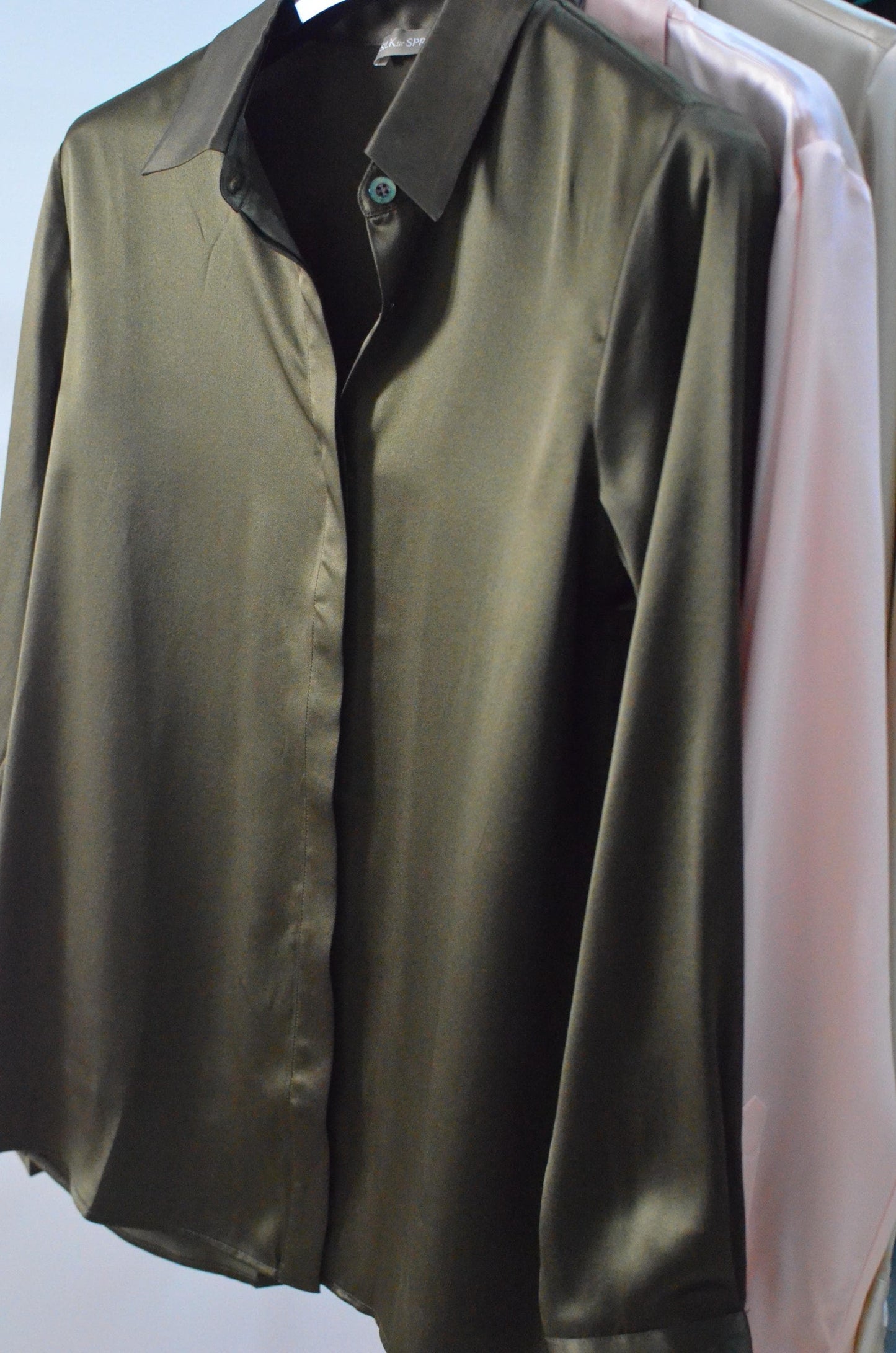 Oilve green Mulberry Silk Blouse: Long Sleeve Button-Up Shirt 22momme silk