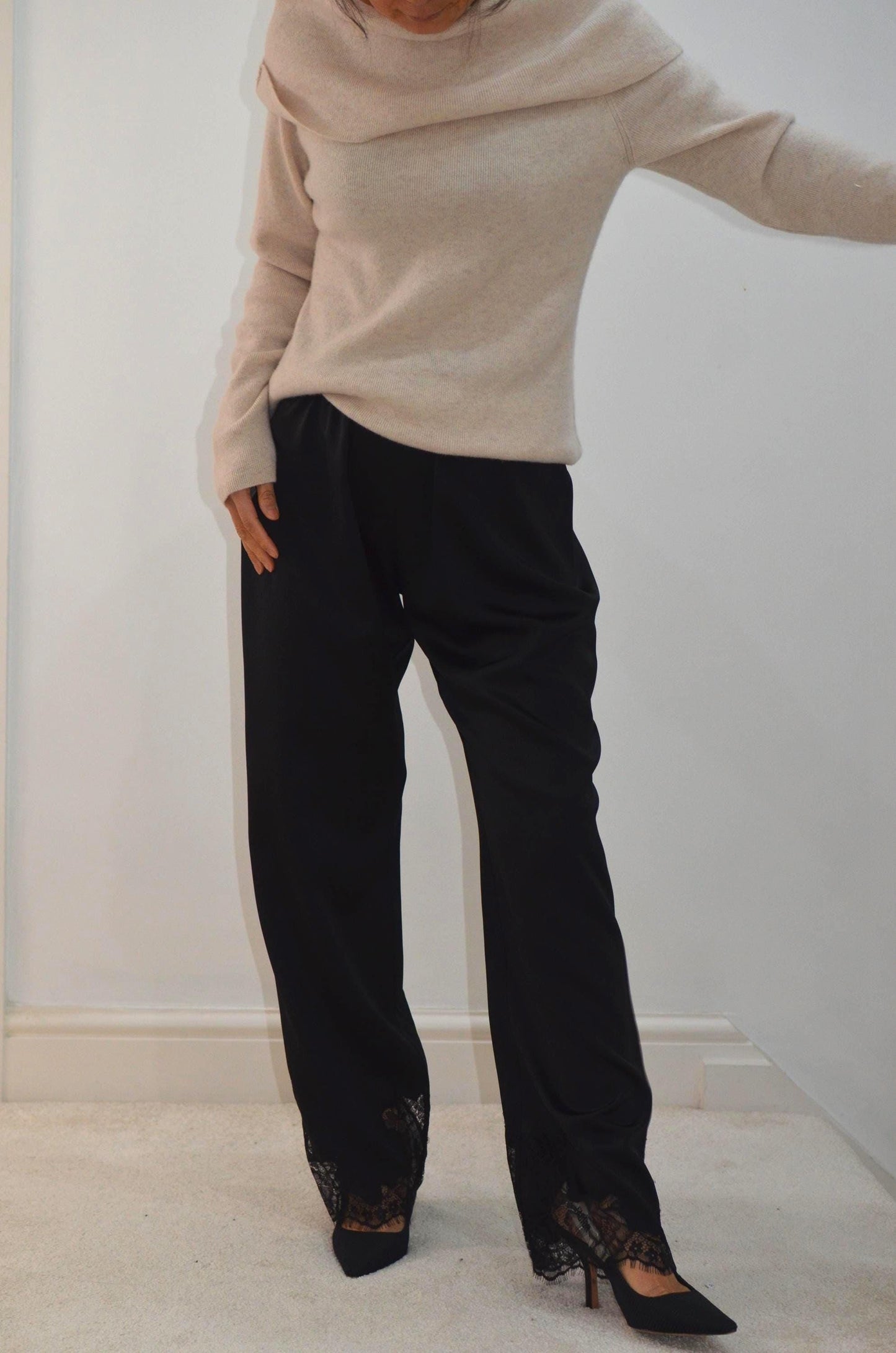 Black heavy 25momme Silk trousers with Lace Hem