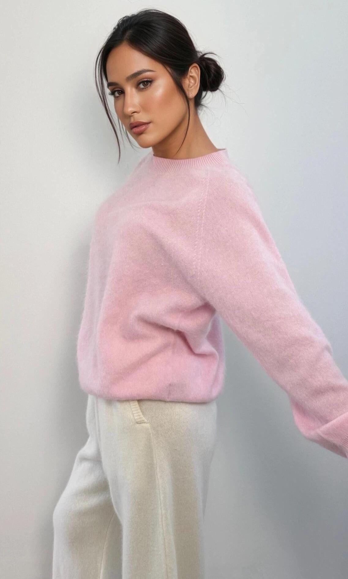 Brushed Cashmere Wool Crewneck sweater pink white grey