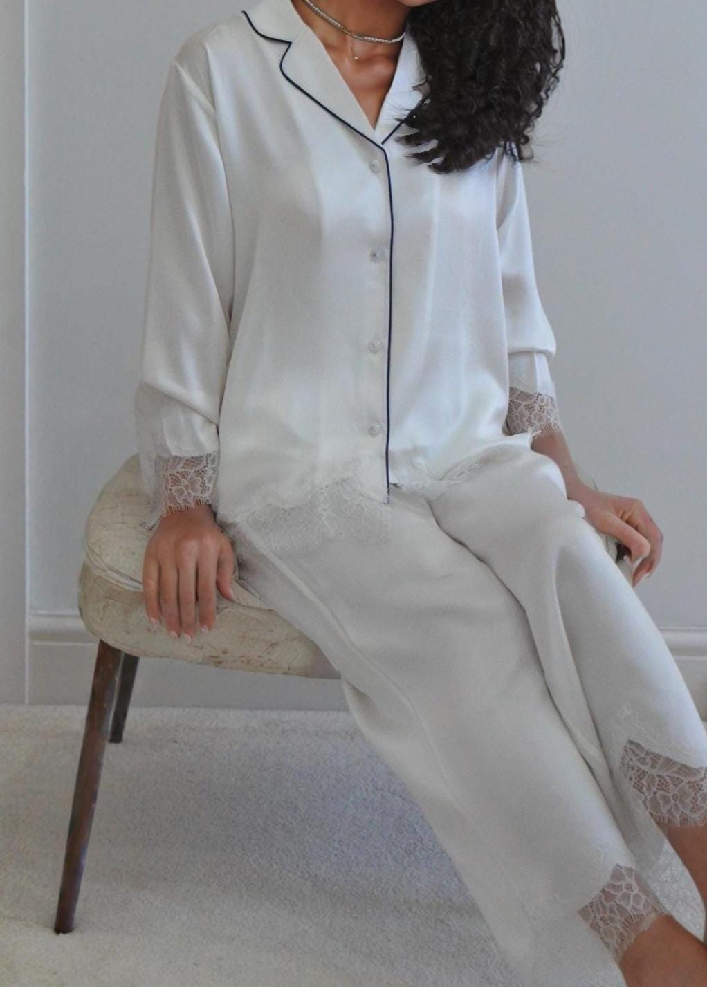 Pink Mulberry Silk Pajama Set: Lace Trimmed 6A Silk 3/4 sleeves