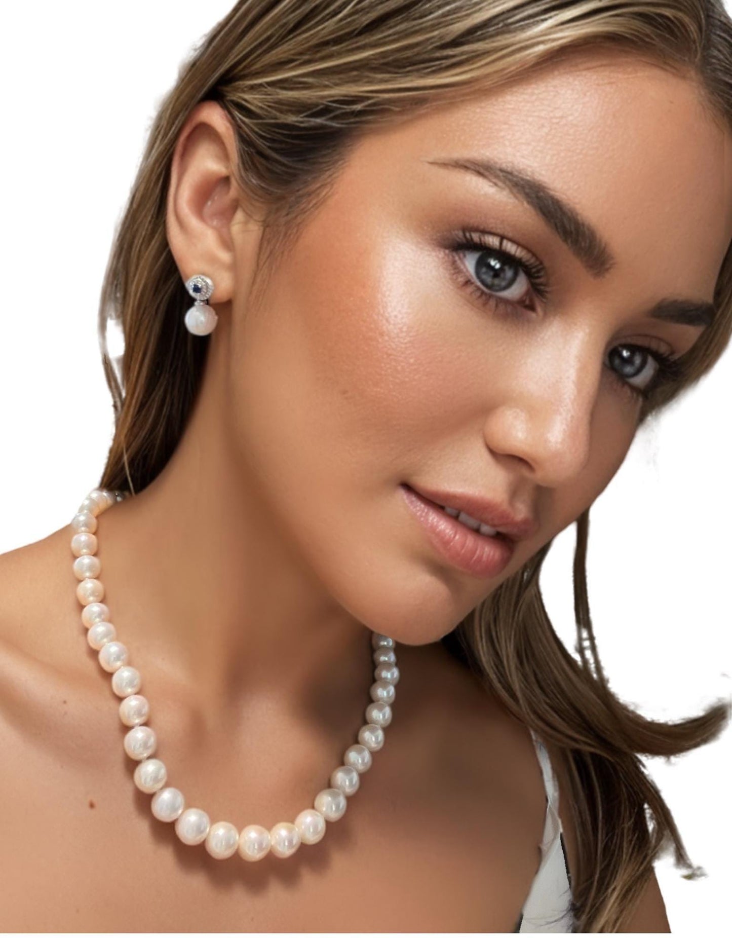 Freshwater Pearl Drop Earrings, CZ Halo, Sapphire Center, Sterling Silver