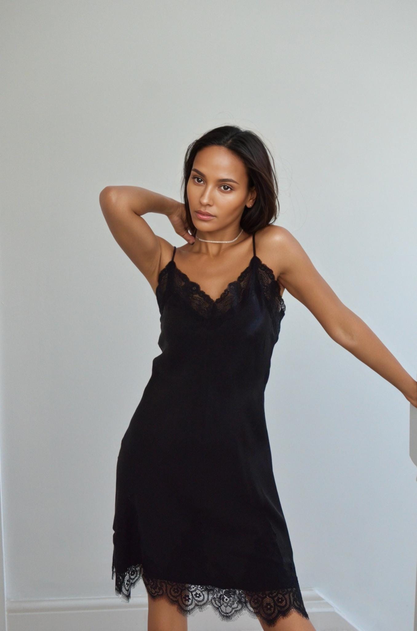 Champagne Silk Camisole with Nude Lace Trim 16Momme Mulberry Silk, V neck  cami dress , White black silk cami with  lace trim skirt