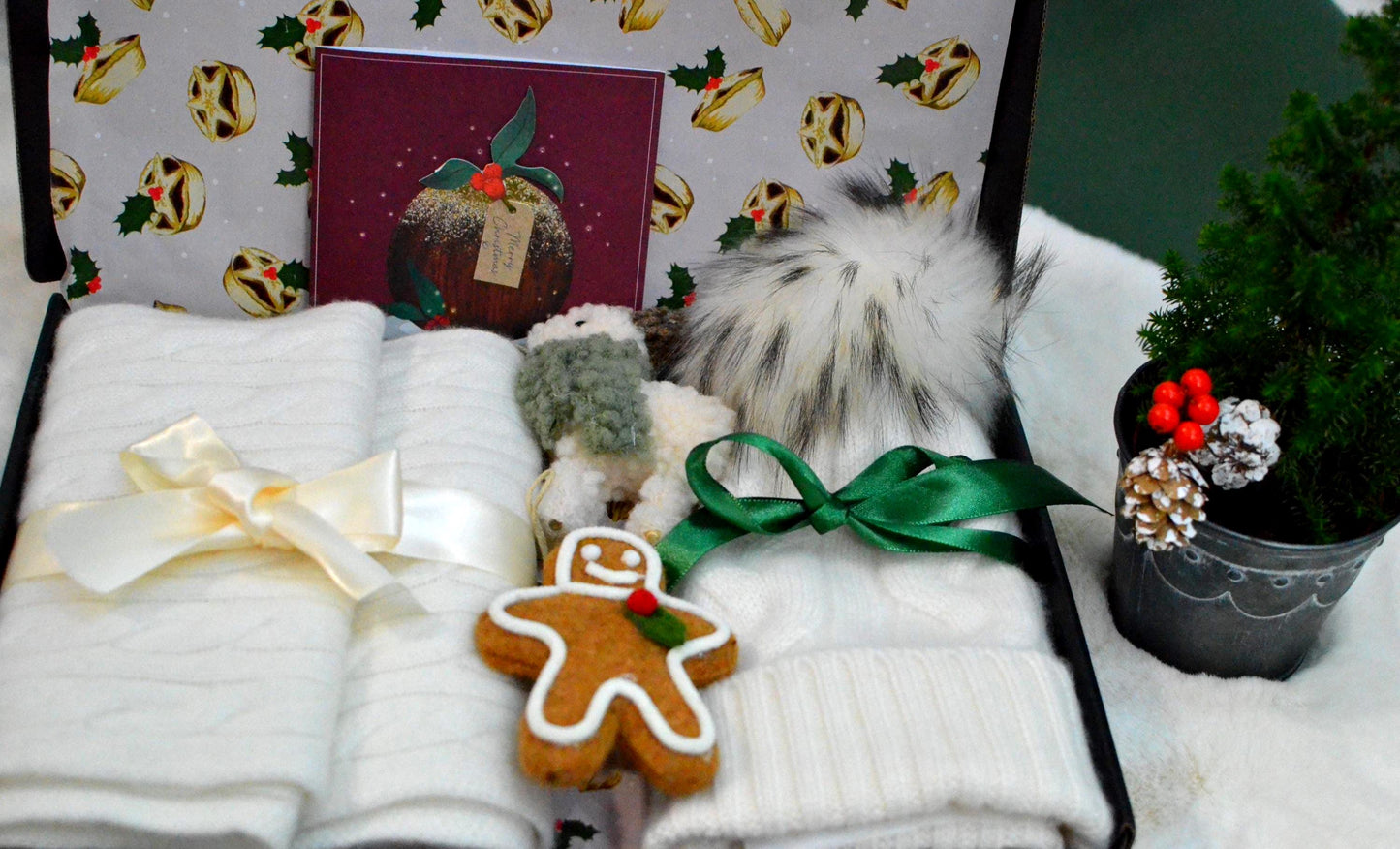 Christmas gift box Cashmere Scarf and Cable Knit Beanie  Faux Fur Pom-Pom