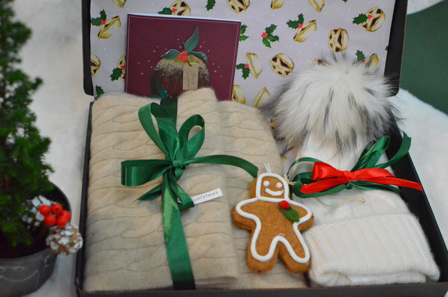 Christmas gift box Cashmere Scarf and Cable Knit Beanie  Faux Fur Pom-Pom