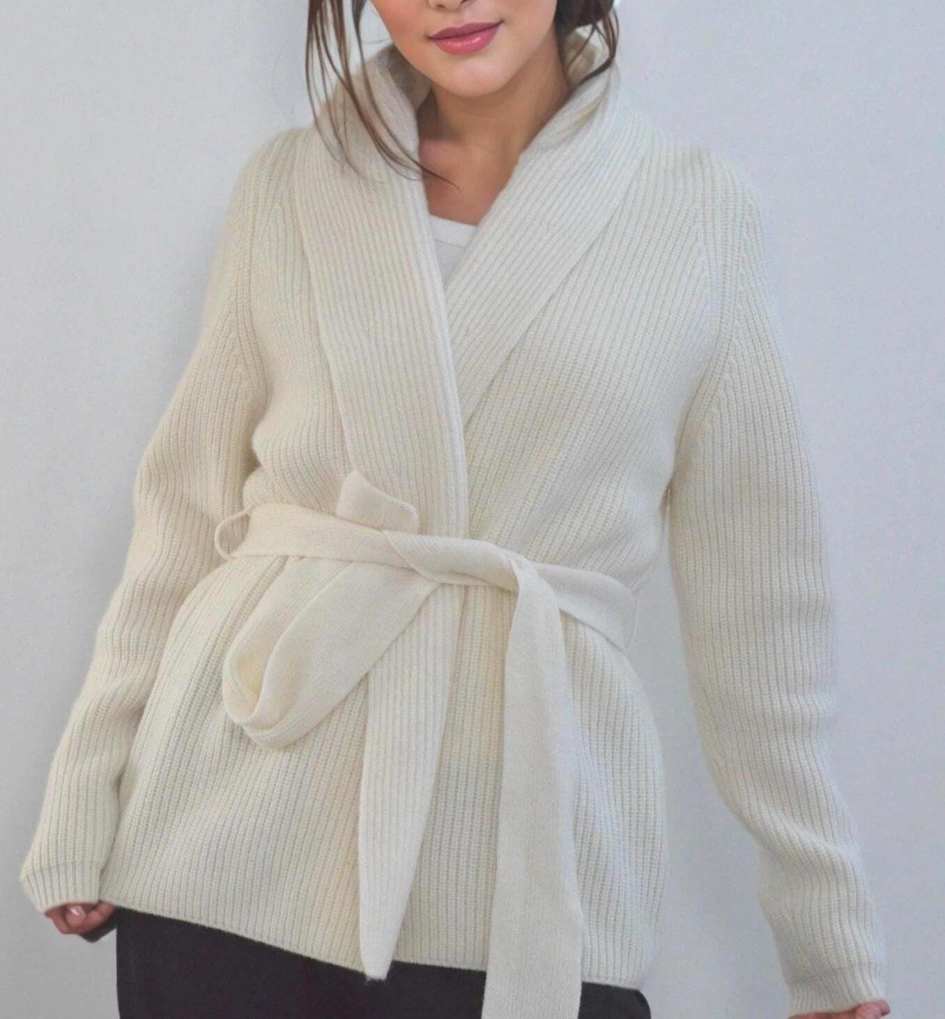 Cashmere-Wool Blend Loungewear Cardigan with Belt  Ivory