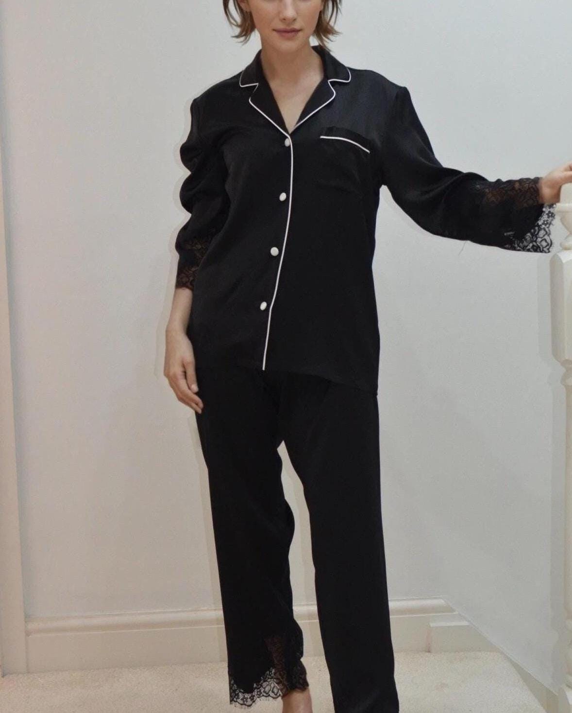 Mulberry Silk Pajama Set:  Lace Trimmed 6A Silk 3/4 sleeves