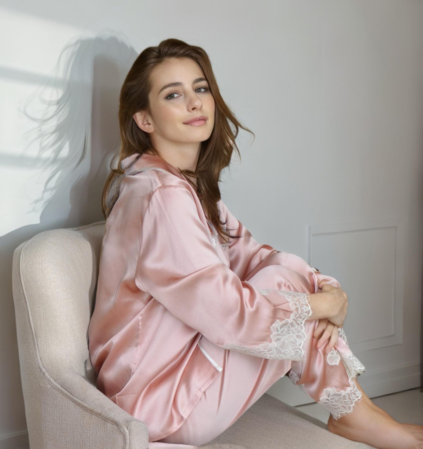 Mulberry Silk Pajama Set with Lace & Eye Mask: 19 Momme 6A Silk