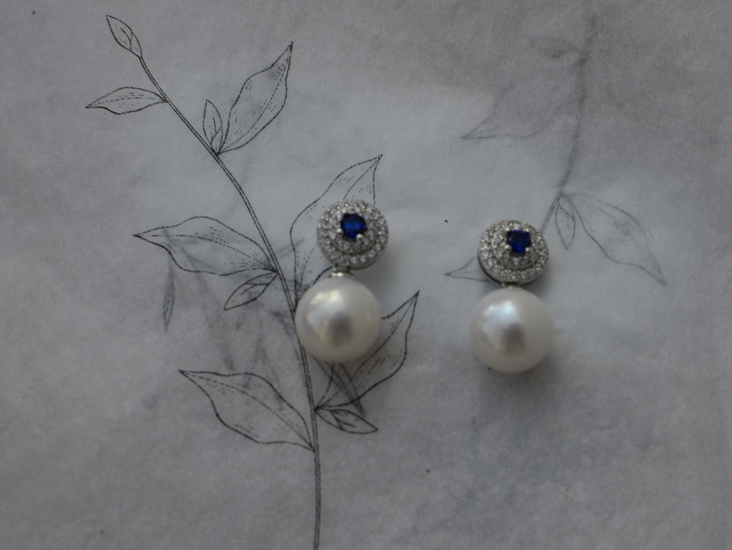 Freshwater Pearl Drop Earrings, CZ Halo, Sapphire Center, Sterling Silver