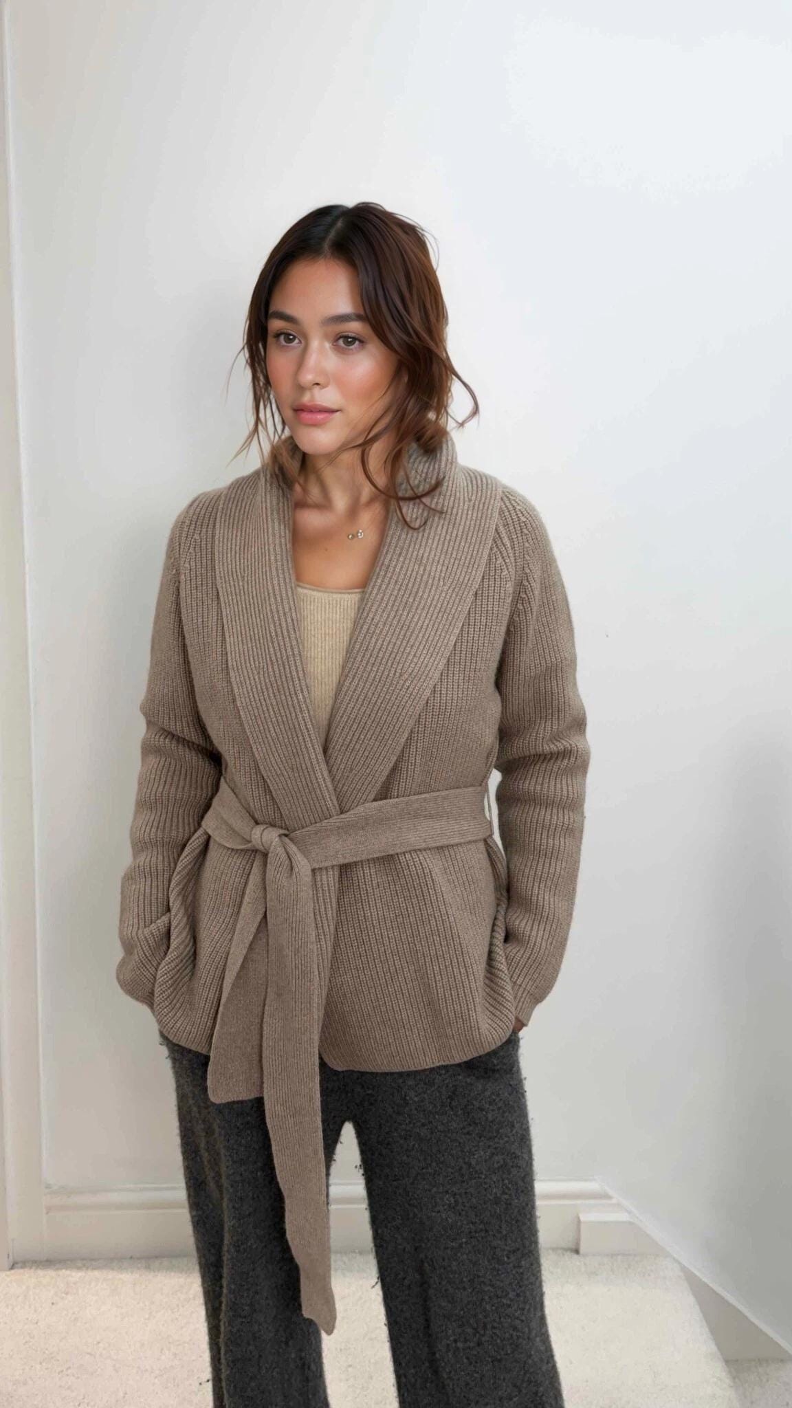 Cashmere-Wool Blend Loungewear Cardigan with Belt