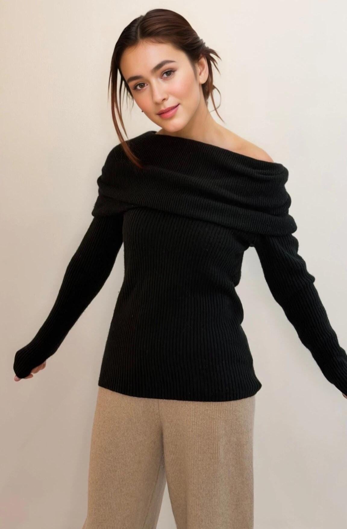 Luxurious Off-the-Shoulder Cashmere and Wool Blend Sweater with A emovable shoulder tie  two styling options