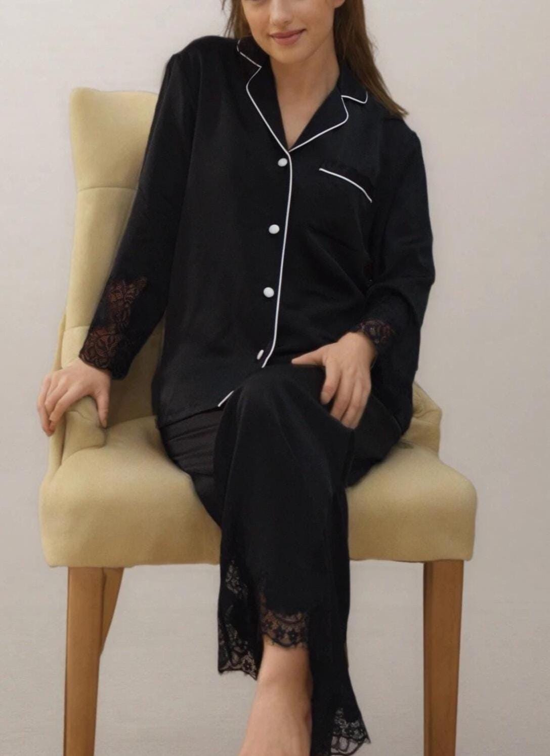 Mulberry Silk Pajama Set:  Lace Trimmed 6A Silk 3/4 sleeves