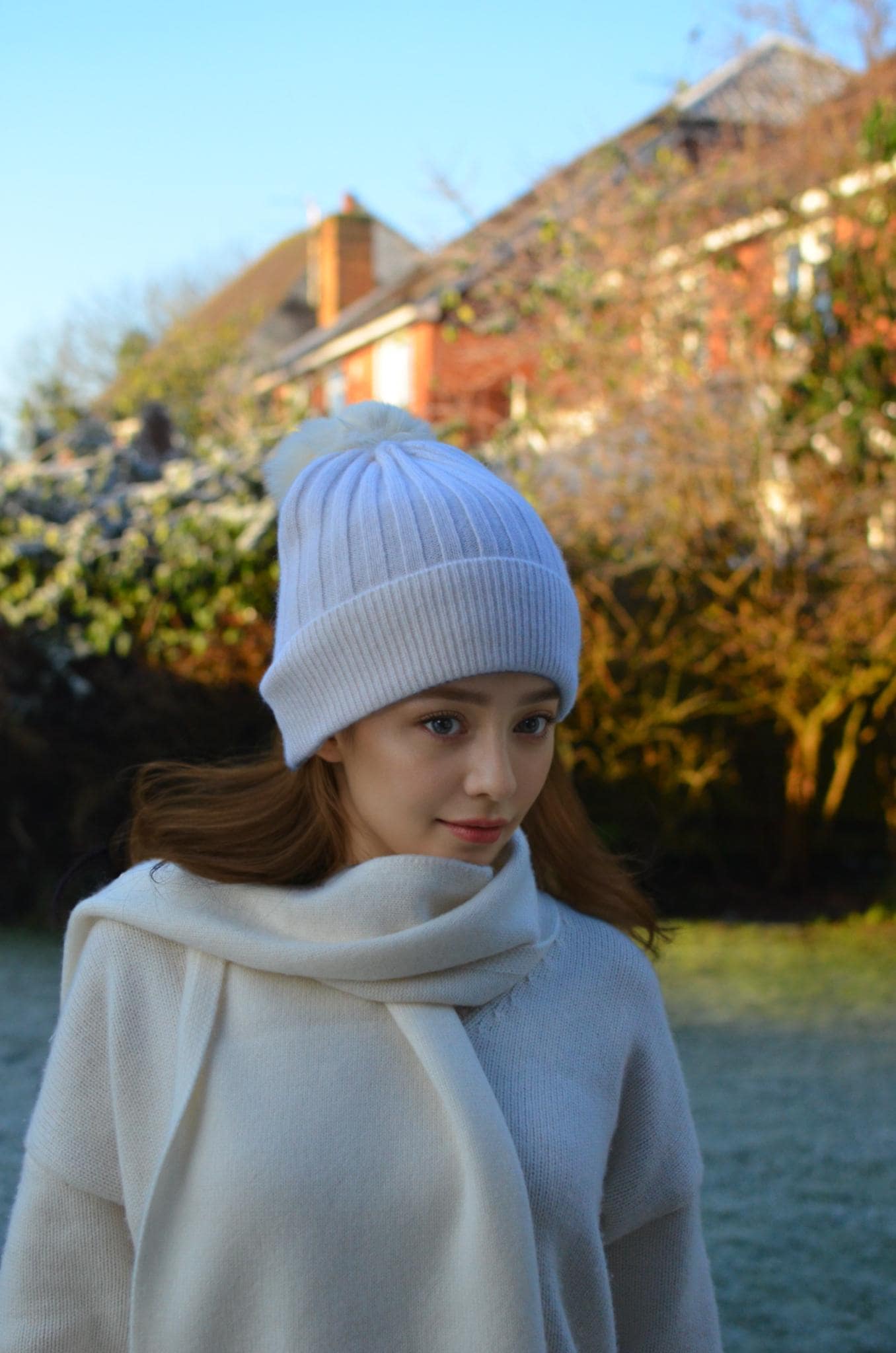 100% Cashmere Beanies with Faux Fur Pom-Poms