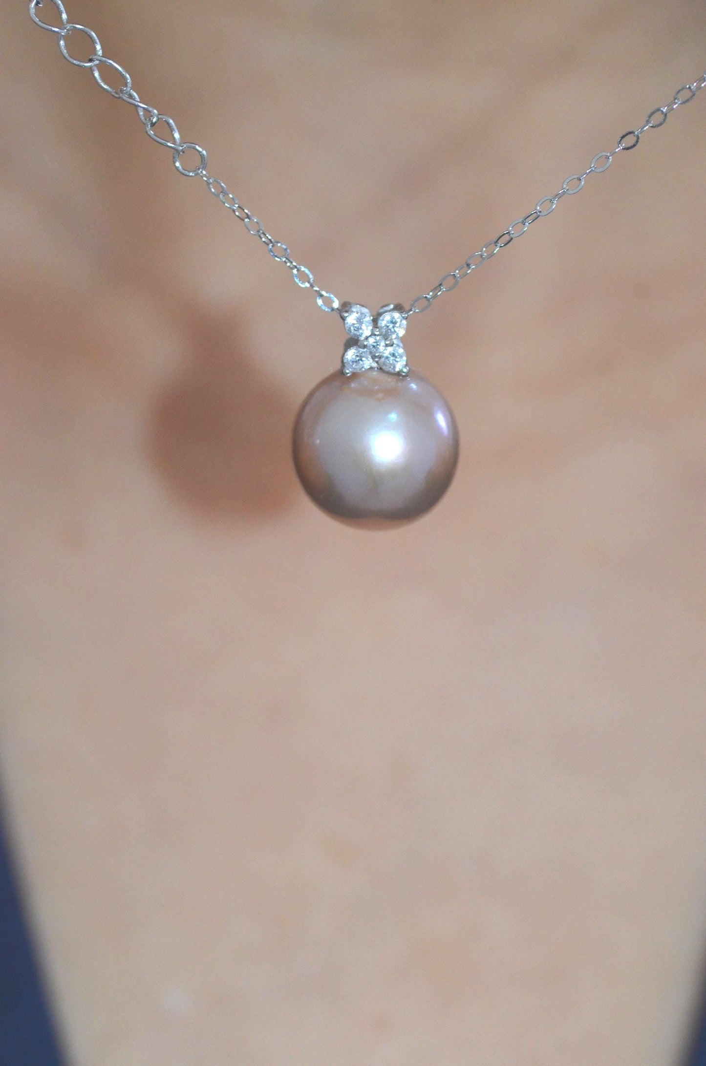 Champagne Rose Pearl Jewelry Set with Four-Petal Floral CZ Cluster