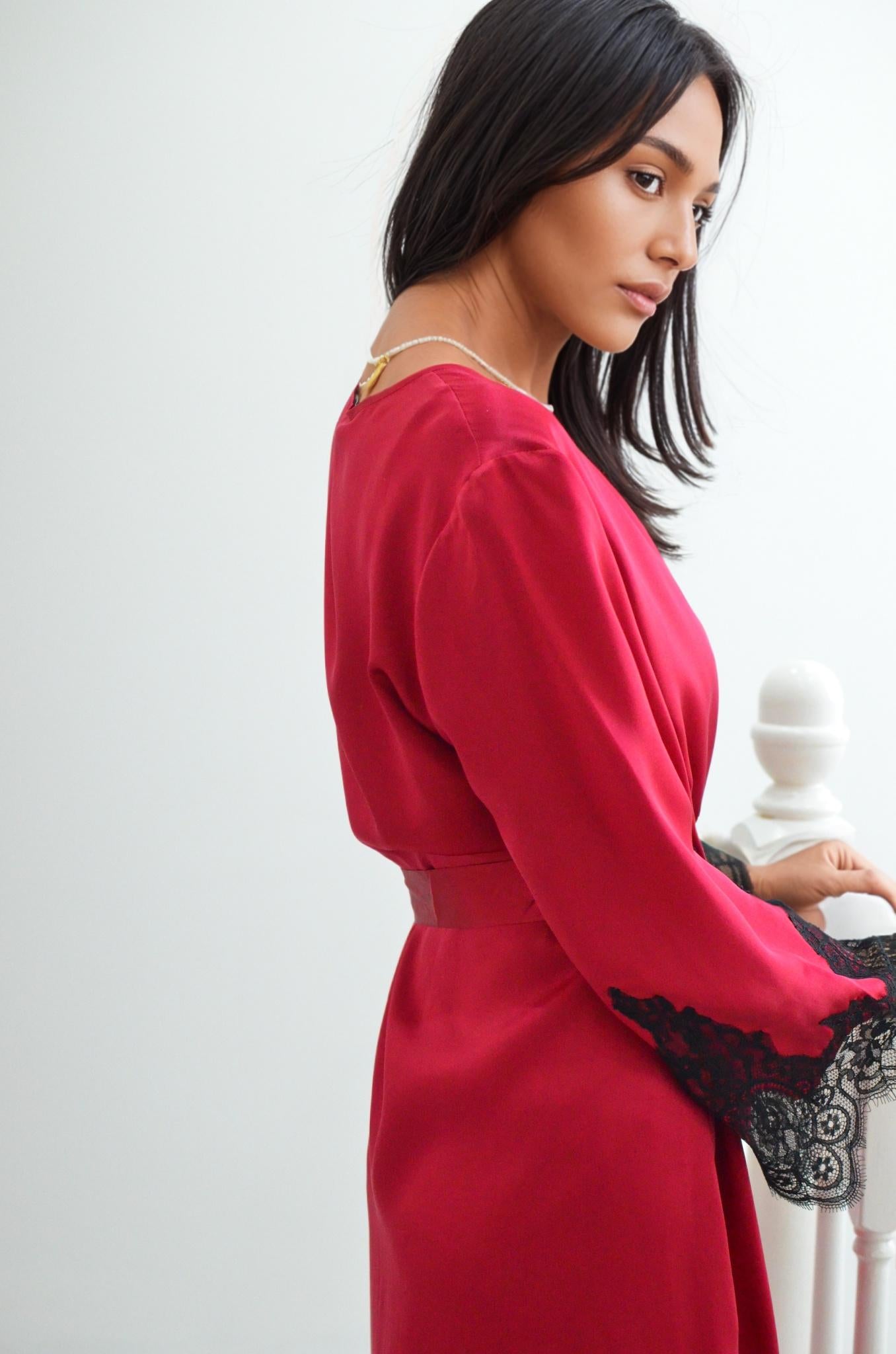 2Pcs Set – Lace Silk Cami Dress & Robe | 6A Grade Mulberry Silk, Rosered with Black Lace Sleeves