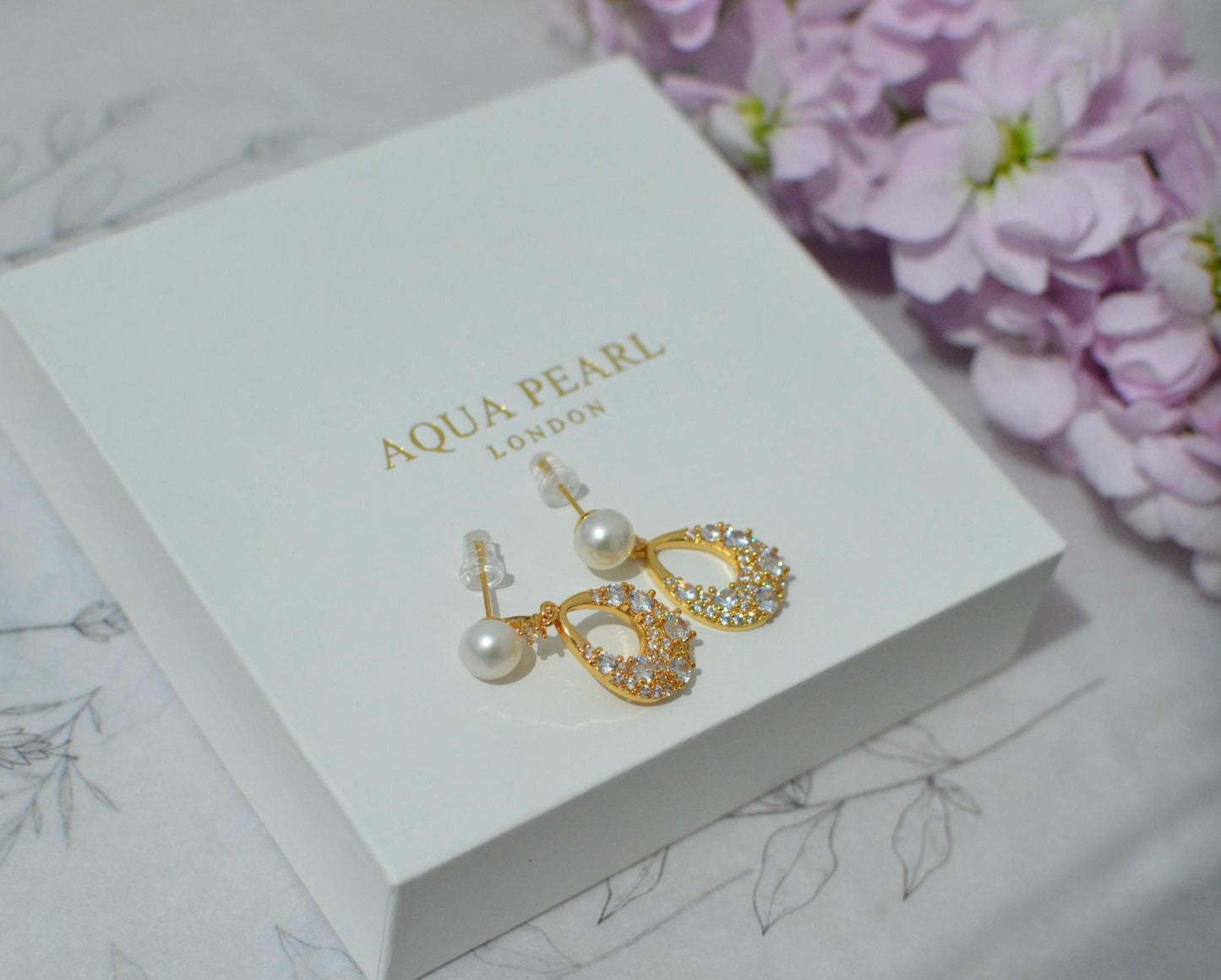 Gold Butterfly Drop Earrings, Freshwater Pearl Studs, CZ Stone