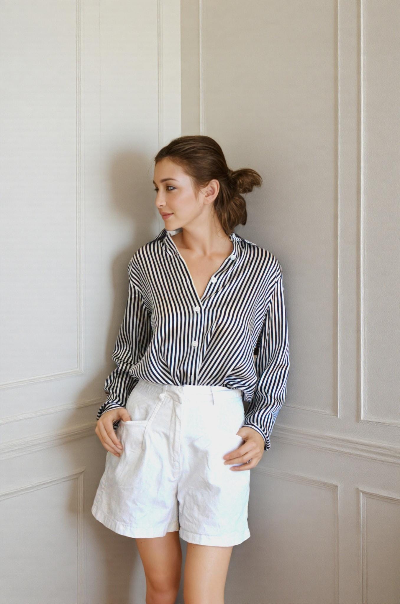 Mulberry Silk Striped Shirt: 19 Momme Long Sleeve Blouse