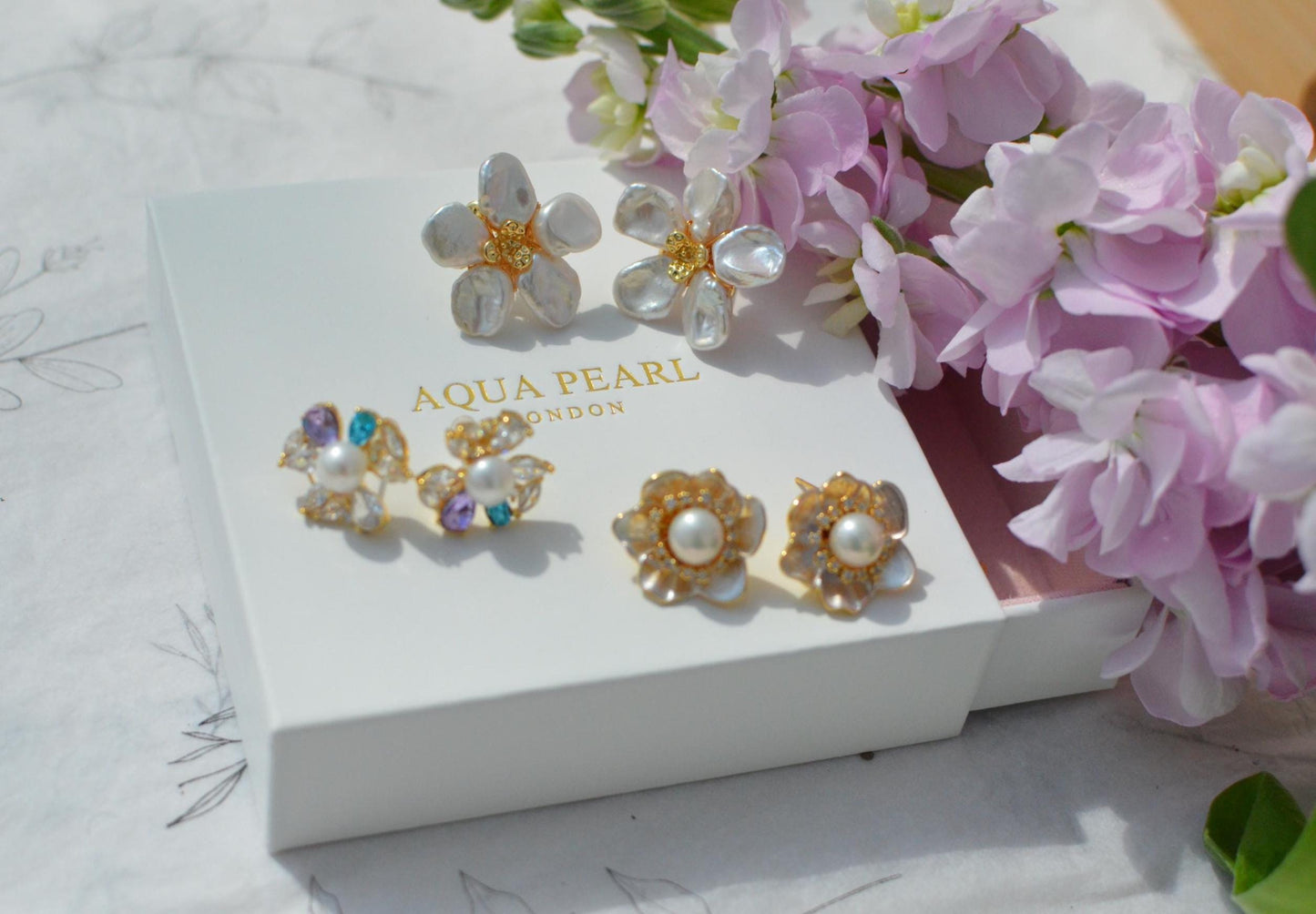 Handcrafted Floral Pearl Stud Earrings, 14k Gold-Filled, Cubic Zirconia