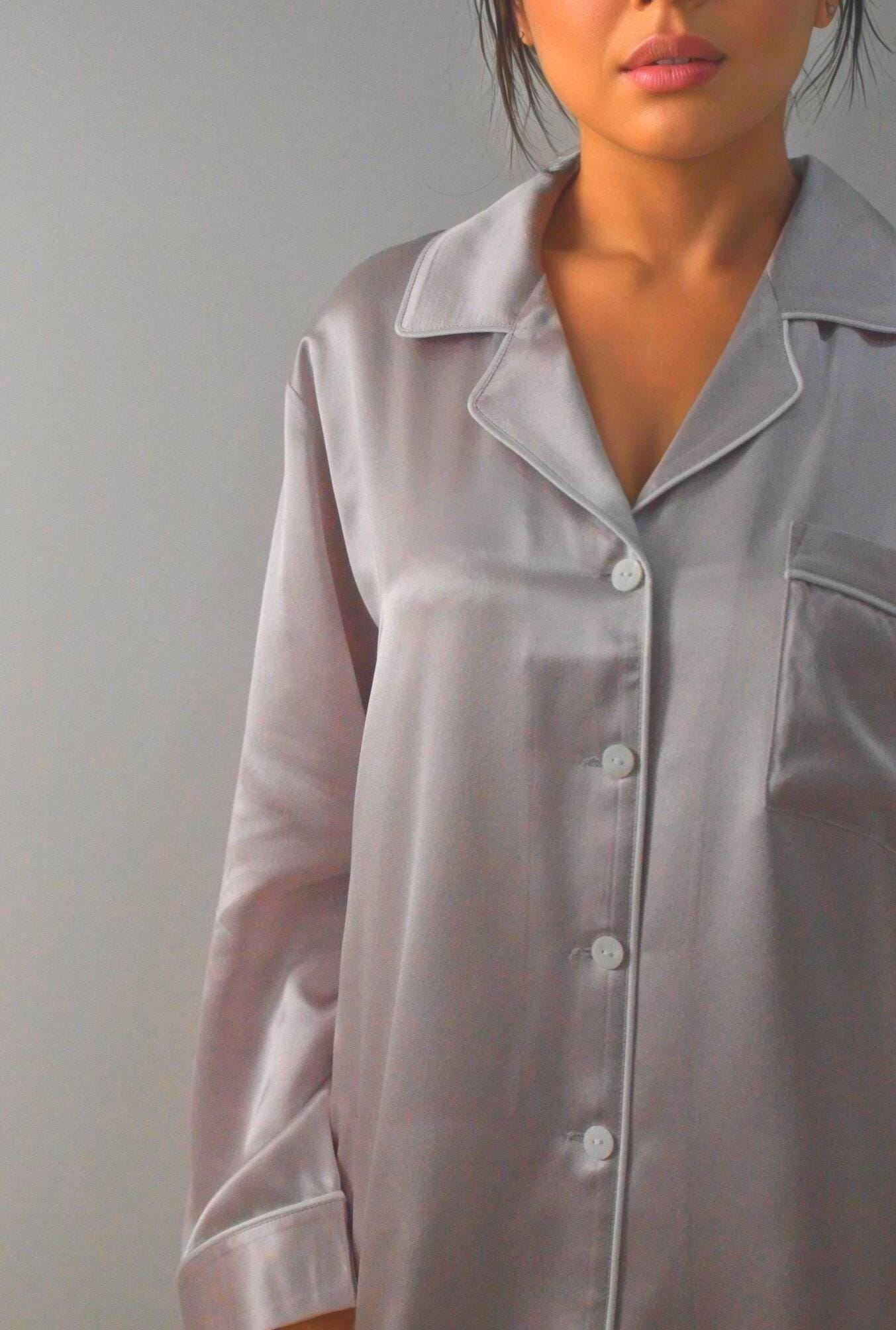6A Grade Mulberry Silk Pajama Set: Purple Loungewear with White Piping