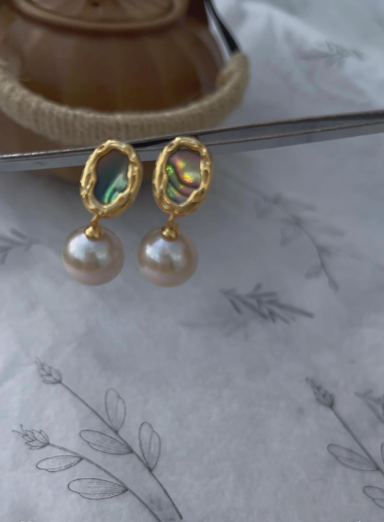 Custom made Oval shaped colourful Mother-of-Pearl  Abalone shell & White Freshwater Pearl Drop Earrings.