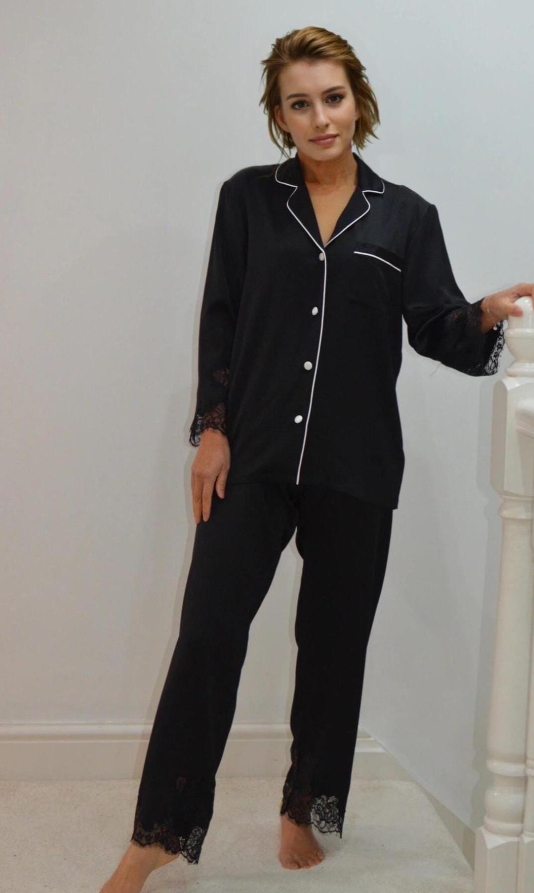 Mulberry Silk Pajama Set:  Lace Trimmed 6A Silk 3/4 sleeves