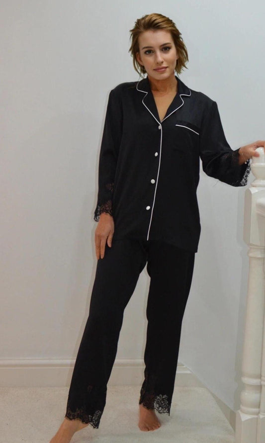 Mulberry Silk Pajama Set:  Lace Trimmed 6A Silk 3/4 sleeves