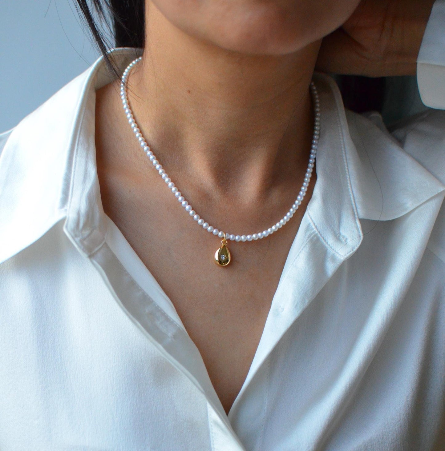 Classic 3mm freshwater Pearl Necklac with 925 Silver Gold-Plated Heart Charm