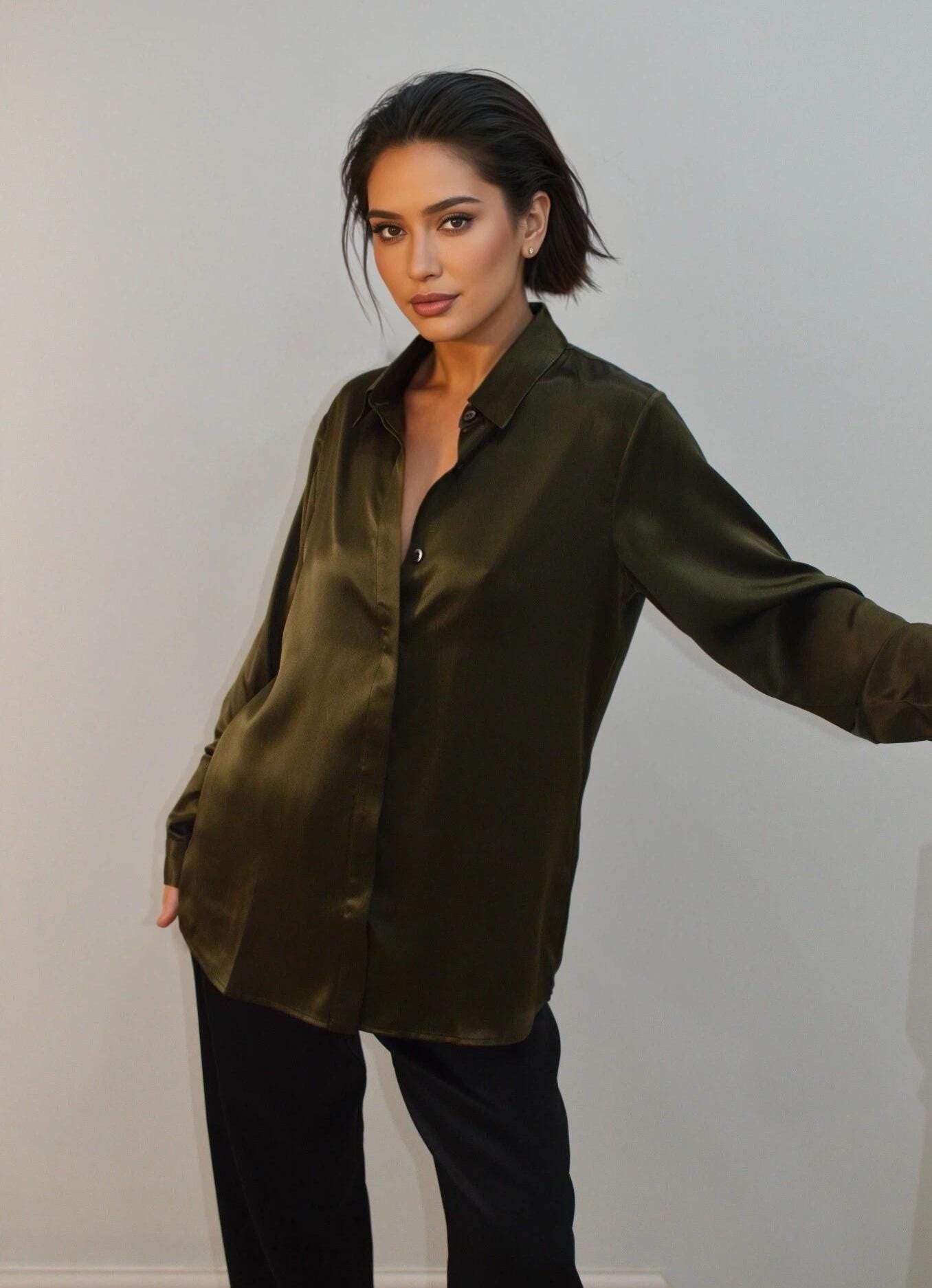 Oilve green Mulberry Silk Blouse: Long Sleeve Button-Up Shirt  22momme silk
