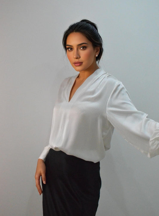 V neck Mulberry Silk Blouse: Long Sleeve