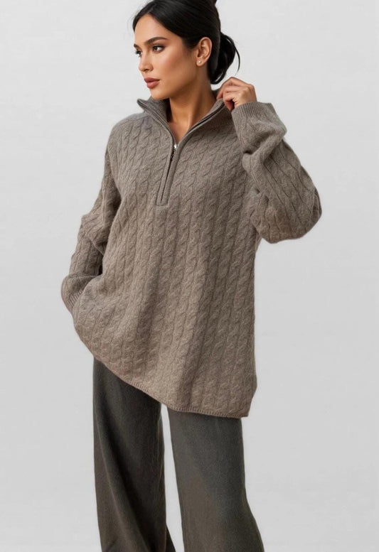 Cable-Knit Half-Zip Cashmere Wool Sweater Timeless Elegance and Cozy Comfort loose fit