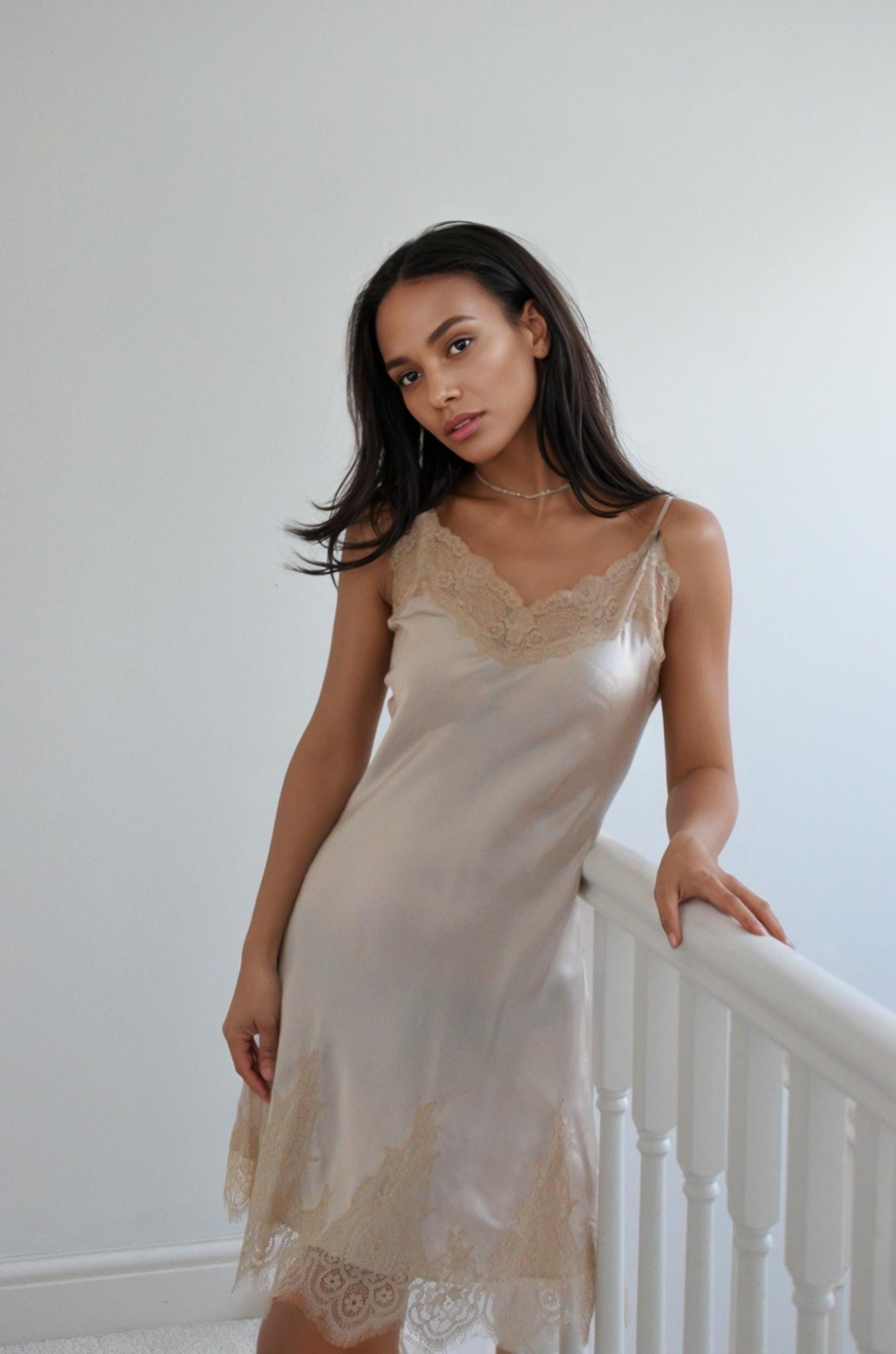 Champagne Silk Camisole with Nude Lace Trim 16Momme Mulberry Silk, V neck  cami dress , White black silk cami with  lace trim skirt