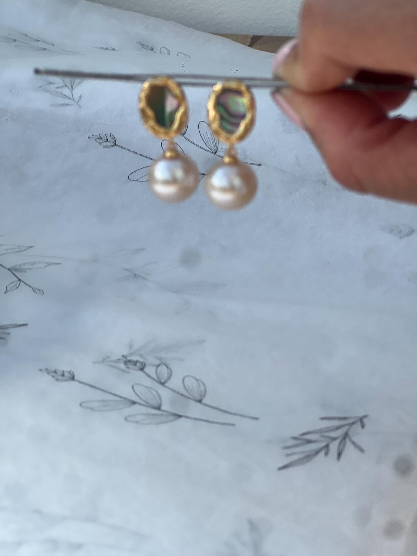 Custom made Oval shaped colourful Mother-of-Pearl  Abalone shell & White Freshwater Pearl Drop Earrings.