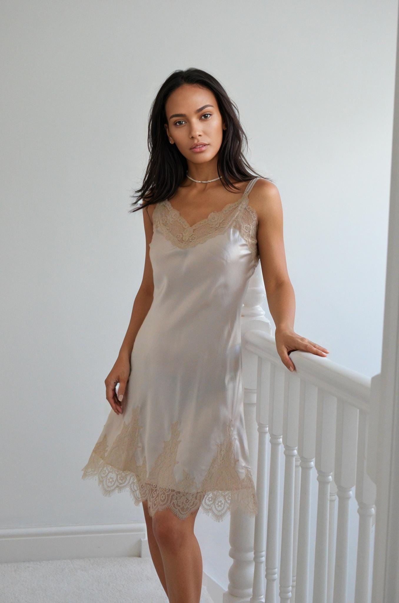 Champagne Silk Camisole with Nude Lace Trim 16Momme Mulberry Silk, V neck  cami dress , White black silk cami with  lace trim skirt