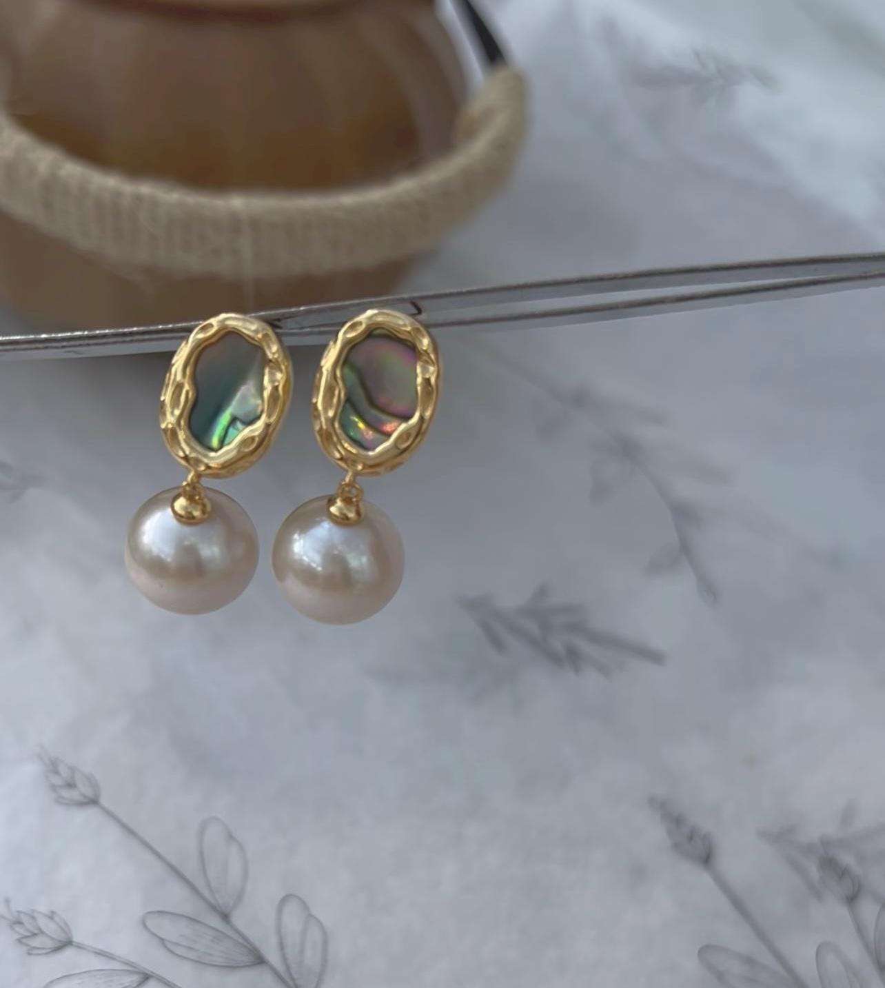 Custom made Oval shaped colourful Mother-of-Pearl  Abalone shell & White Freshwater Pearl Drop Earrings.