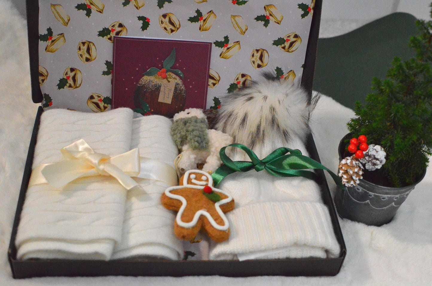 Christmas gift box Cashmere Scarf and Cable Knit Beanie  Faux Fur Pom-Pom