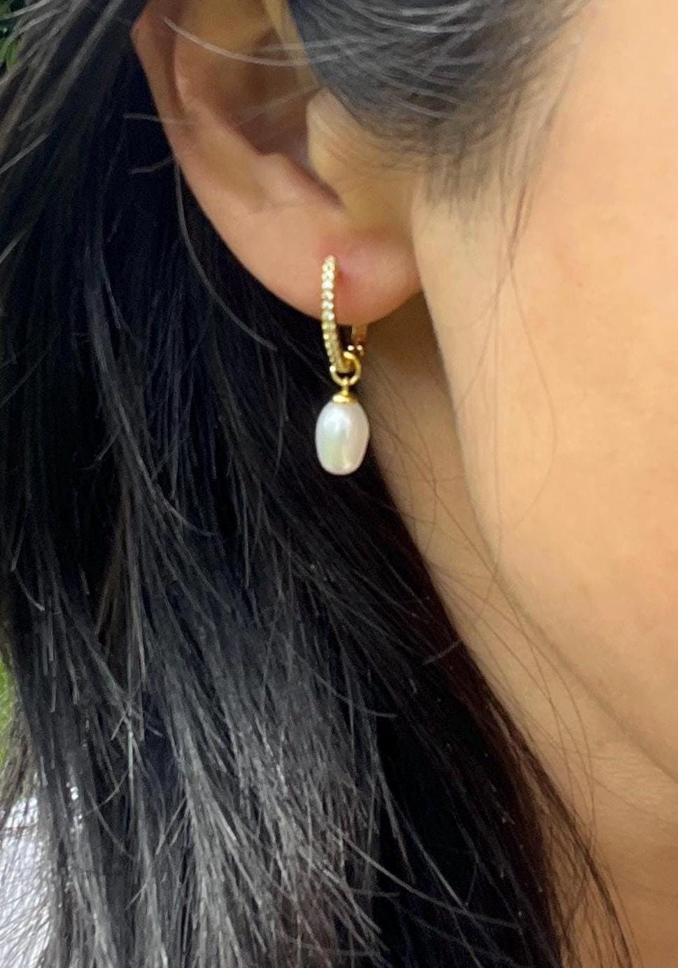 Gold Hoop Earrings with teardrop-shaped Freshwater Pearl Drop