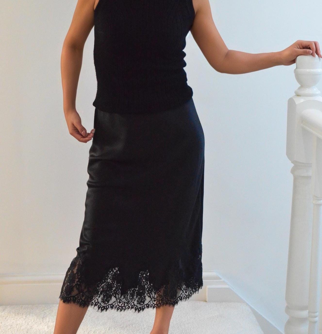Black Silk Midi Skirt with Lace Hem