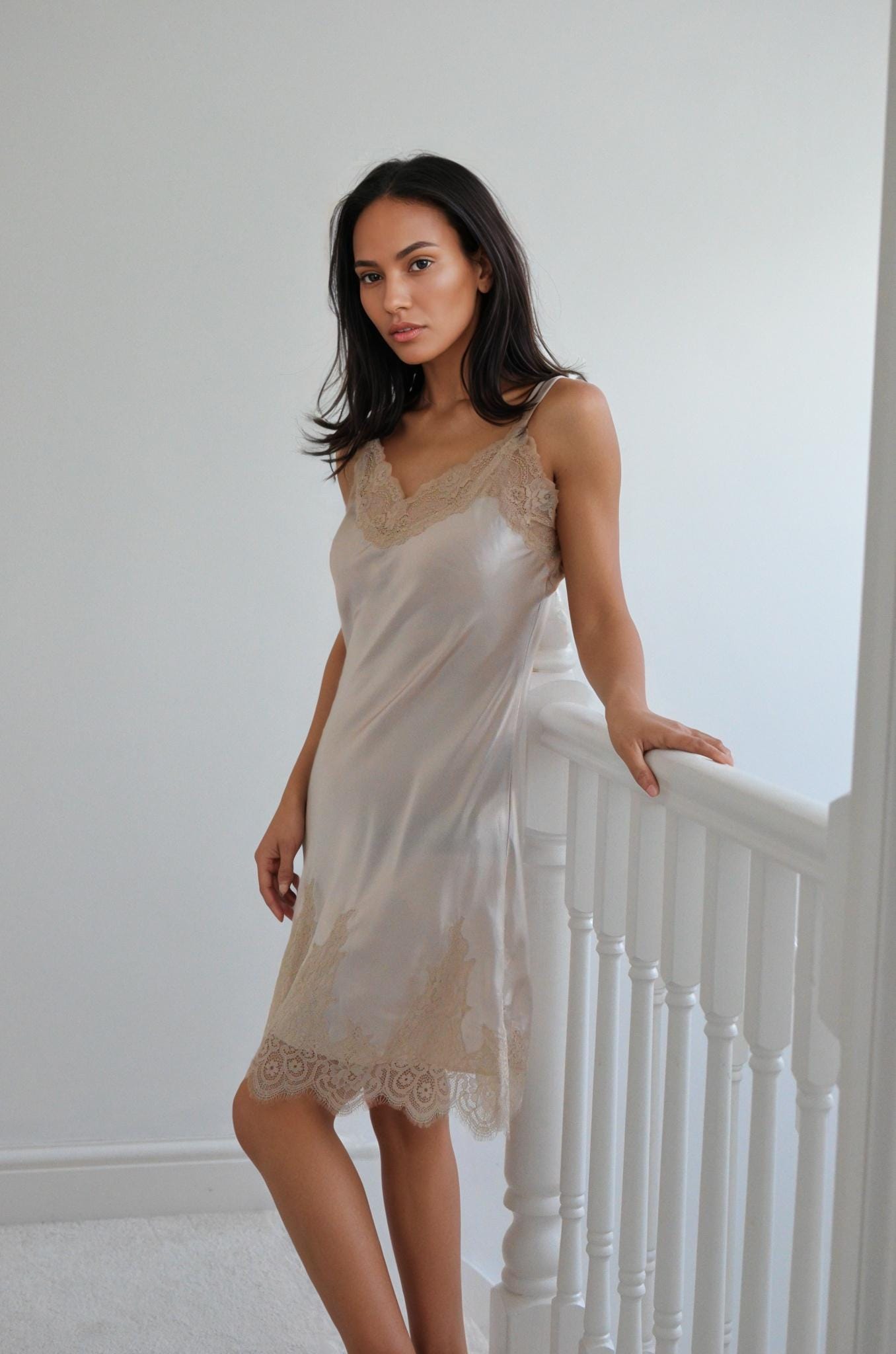Champagne Silk Camisole with Nude Lace Trim 16Momme Mulberry Silk, V neck  cami dress , White black silk cami with  lace trim skirt