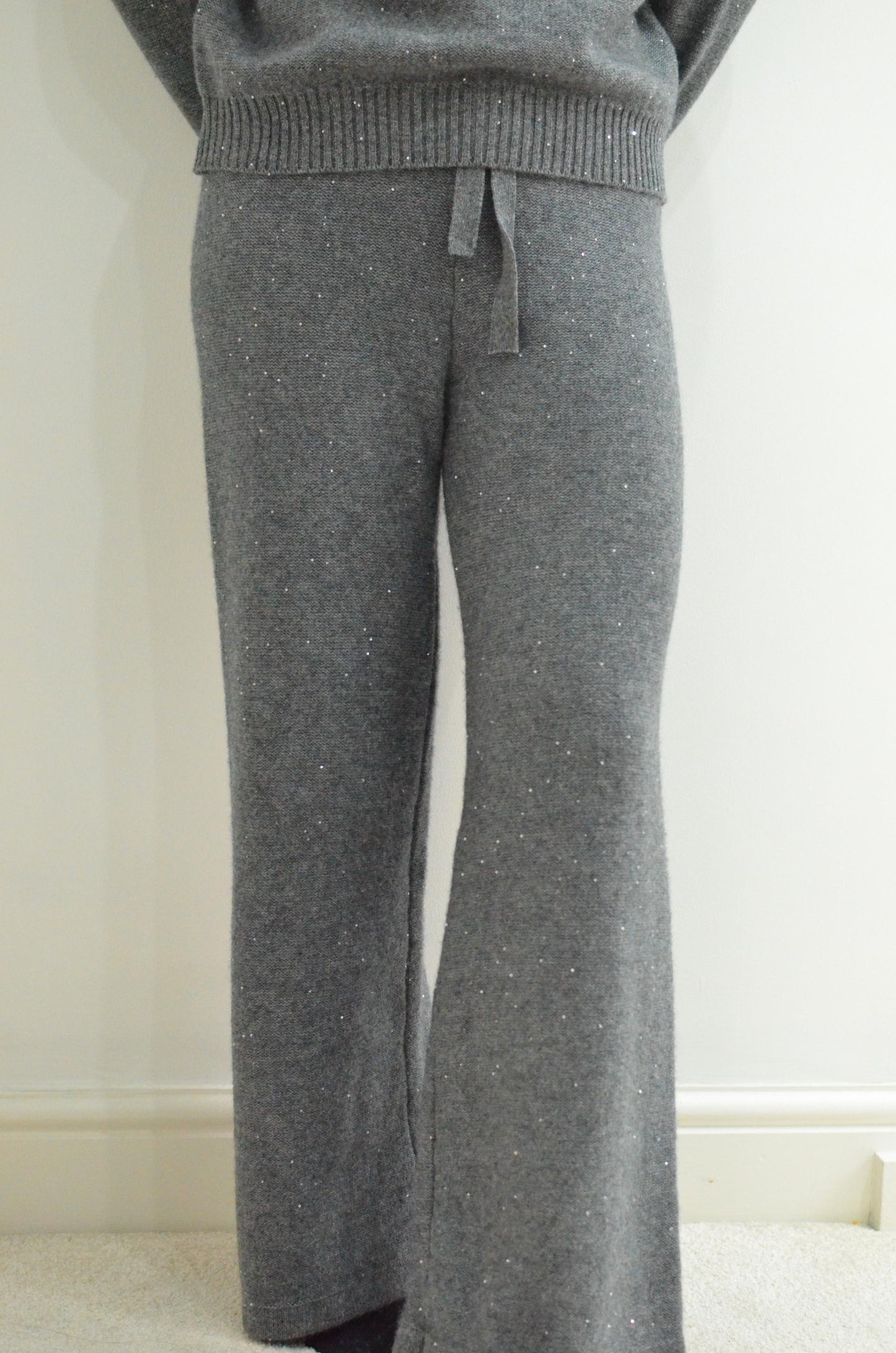 Cashmere Wool Blend Sweater Set: Sparkling Beads, Adjustable Trousers