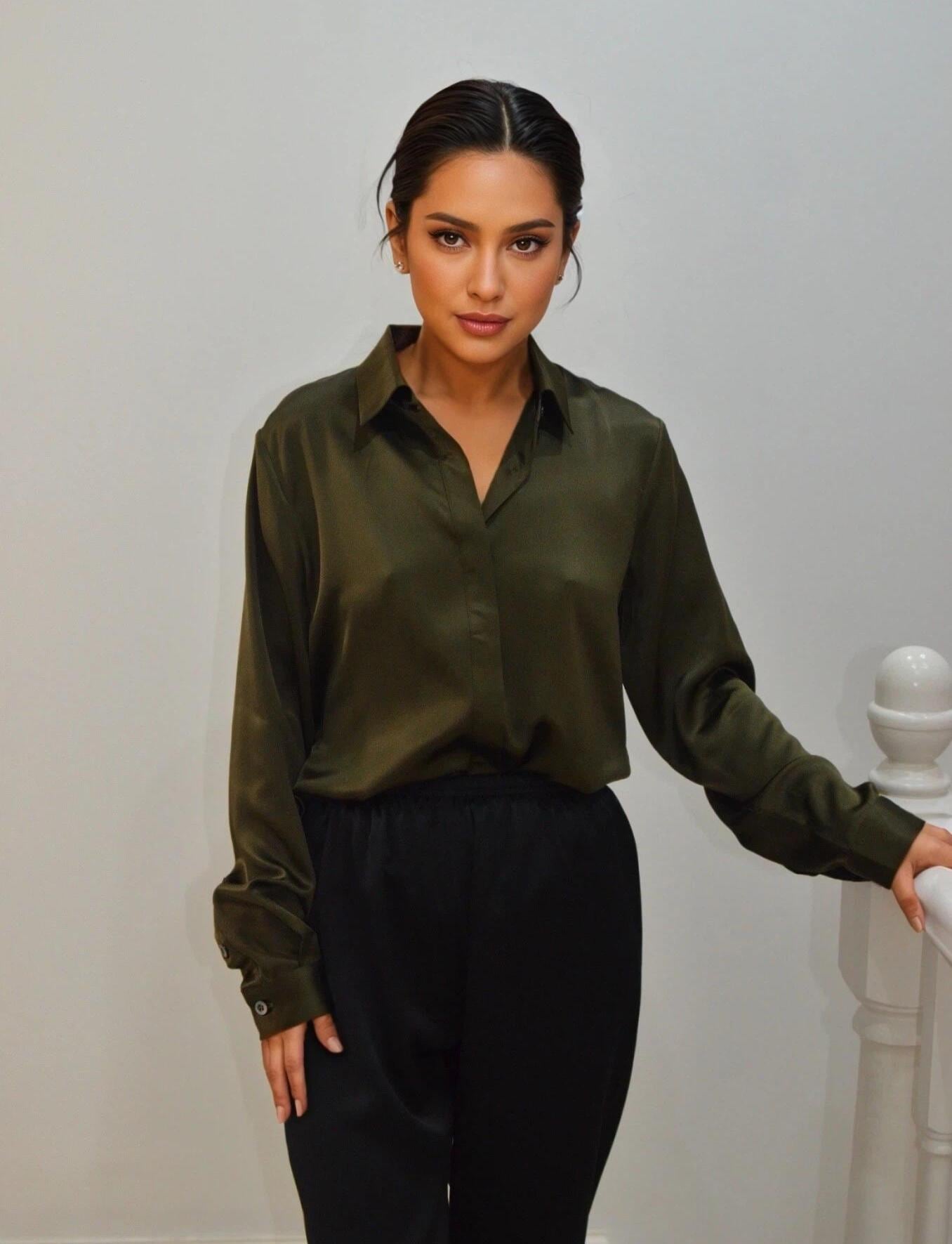 Oilve green Mulberry Silk Blouse: Long Sleeve Button-Up Shirt  22momme silk