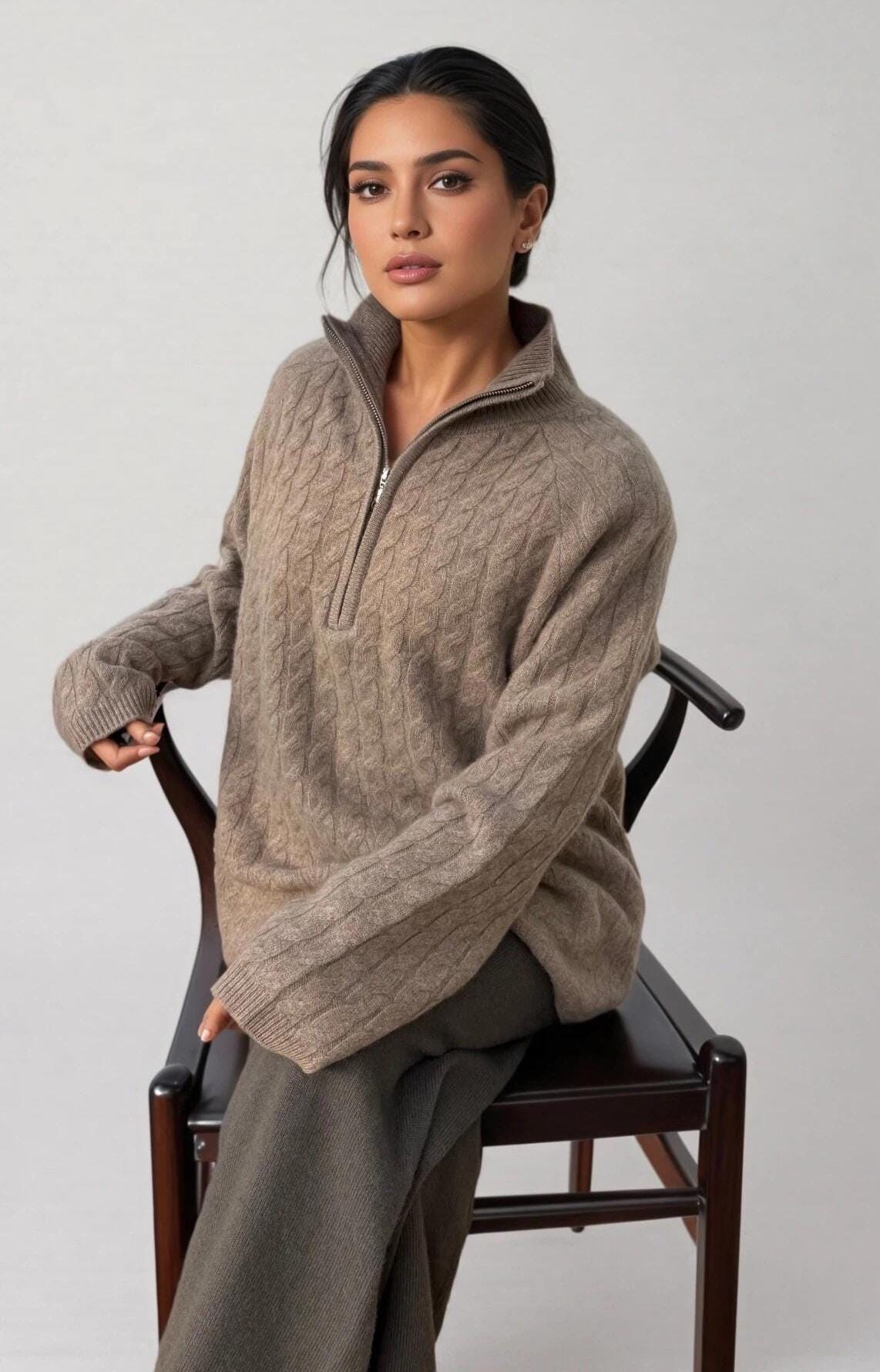 Cable-Knit Half-Zip Cashmere Wool Sweater Timeless Elegance and Cozy Comfort loose fit