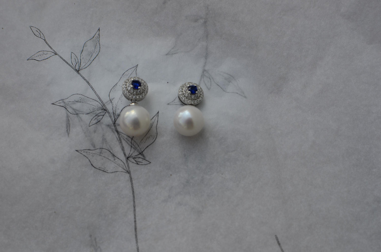 Freshwater Pearl Drop Earrings, CZ Halo, Sapphire Center, Sterling Silver