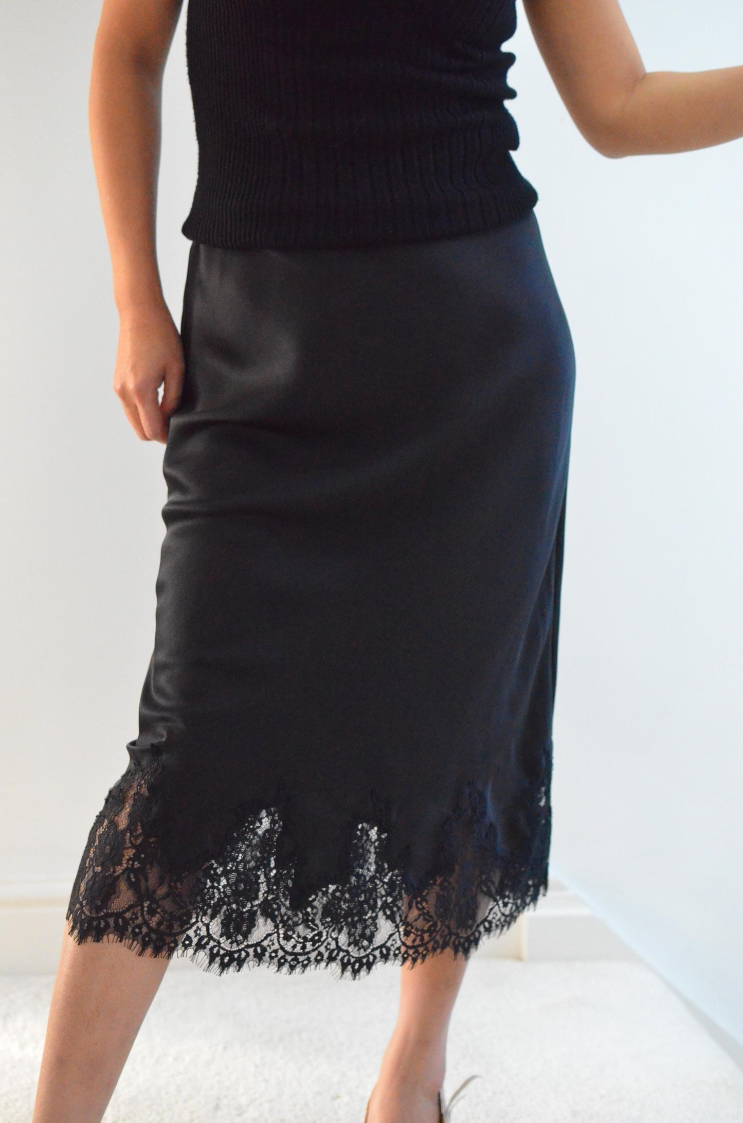 Black Silk Midi Skirt with Lace Hem