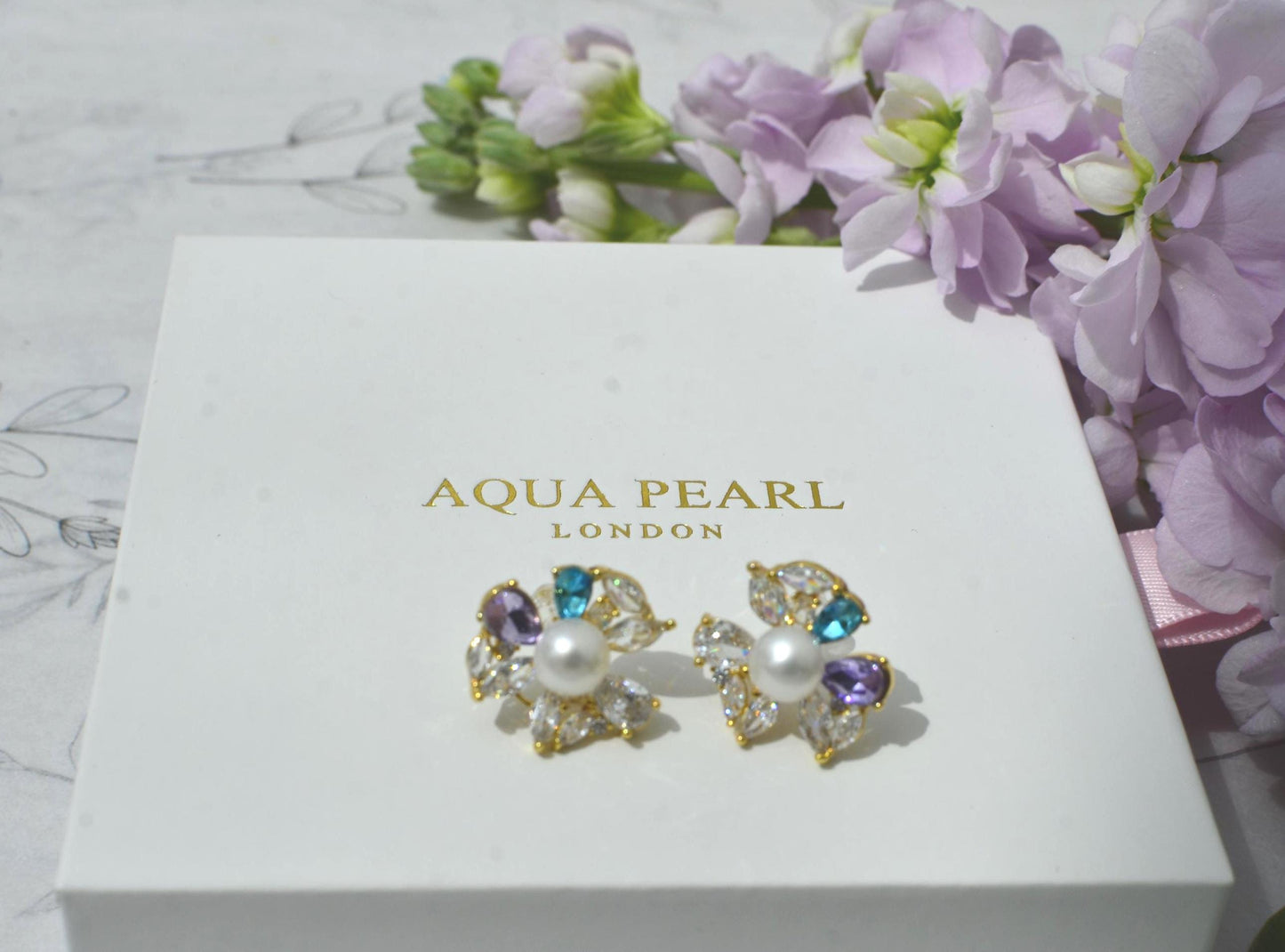 Handcrafted Floral Pearl Stud Earrings, 14k Gold-Filled, Cubic Zirconia