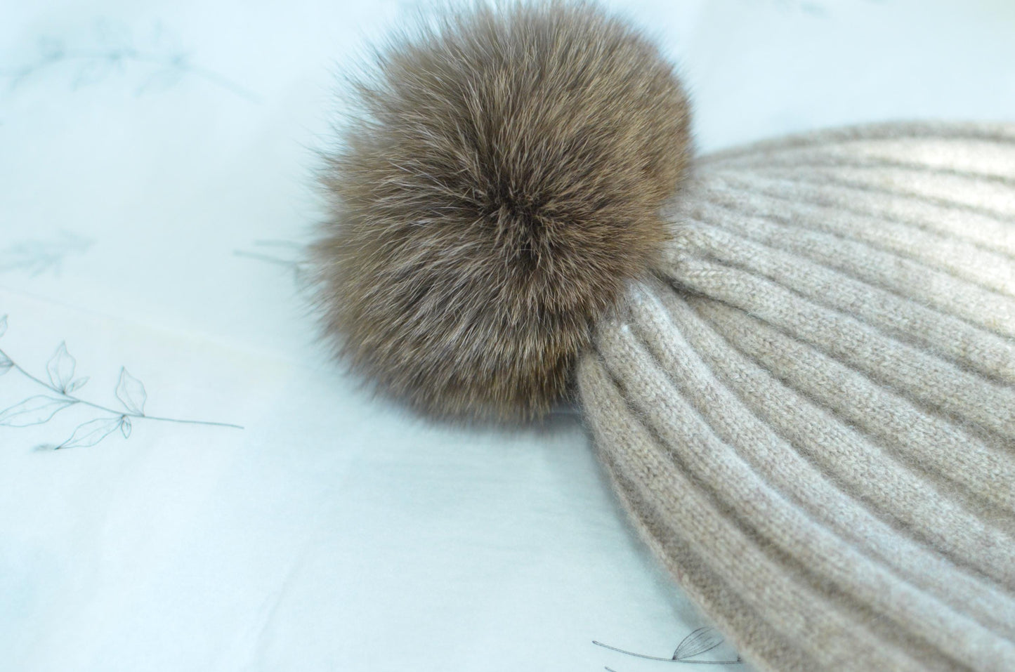 100% Cashmere Beanies with Faux Fur Pom-Poms